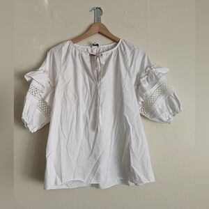 Patty Kim White Cotton Blouse with Lace Sleeves – Size M